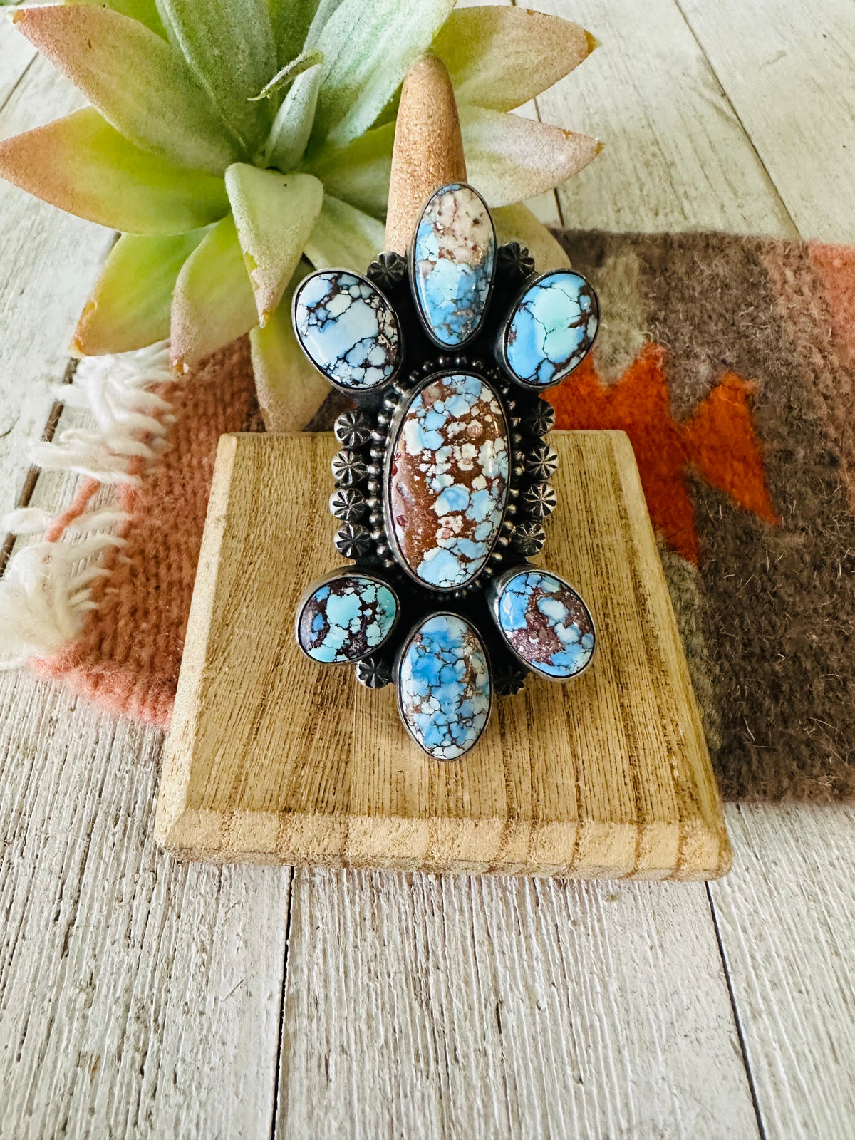 Handcrafted Golden Hills Turquoise & Sterling Silver Cluster Ring Size 11