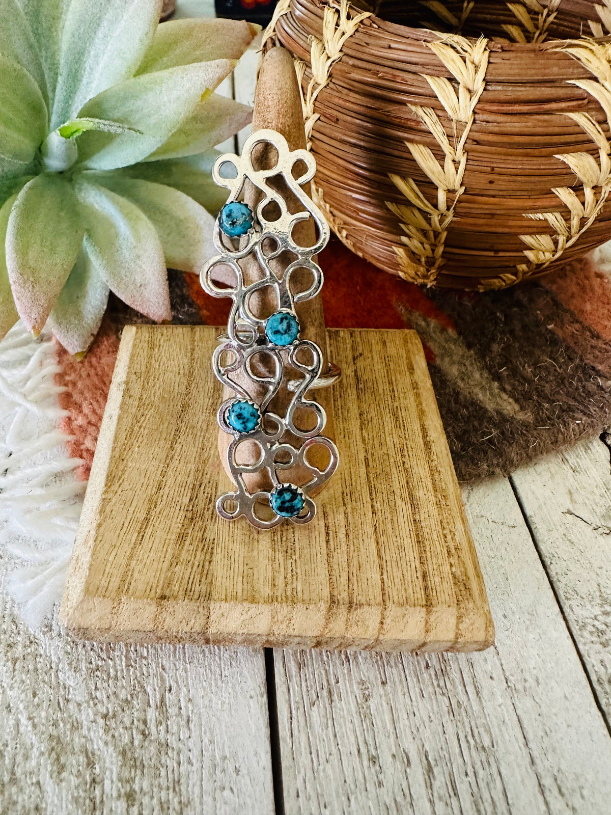 Handcrafted Sterling Silver & Turquoise Adjustable Abstract Ring