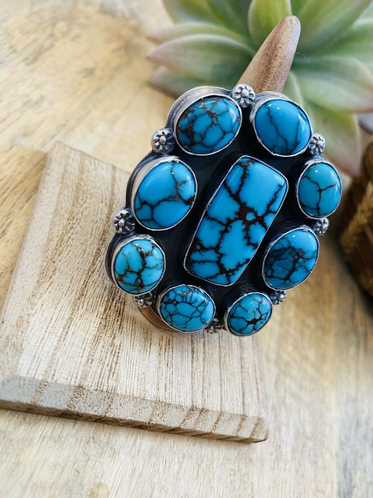 Handcrafted Kingman Turquoise & Sterling Silver Adjustable Ring Signed