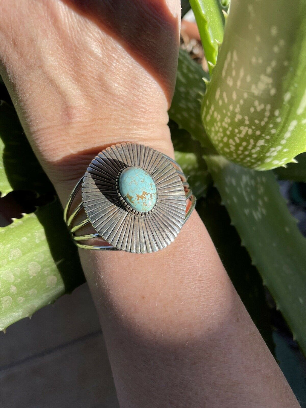 Handcrafted Sterling Silver & Number 8 Turquoise Signed Lined Cuff Signed