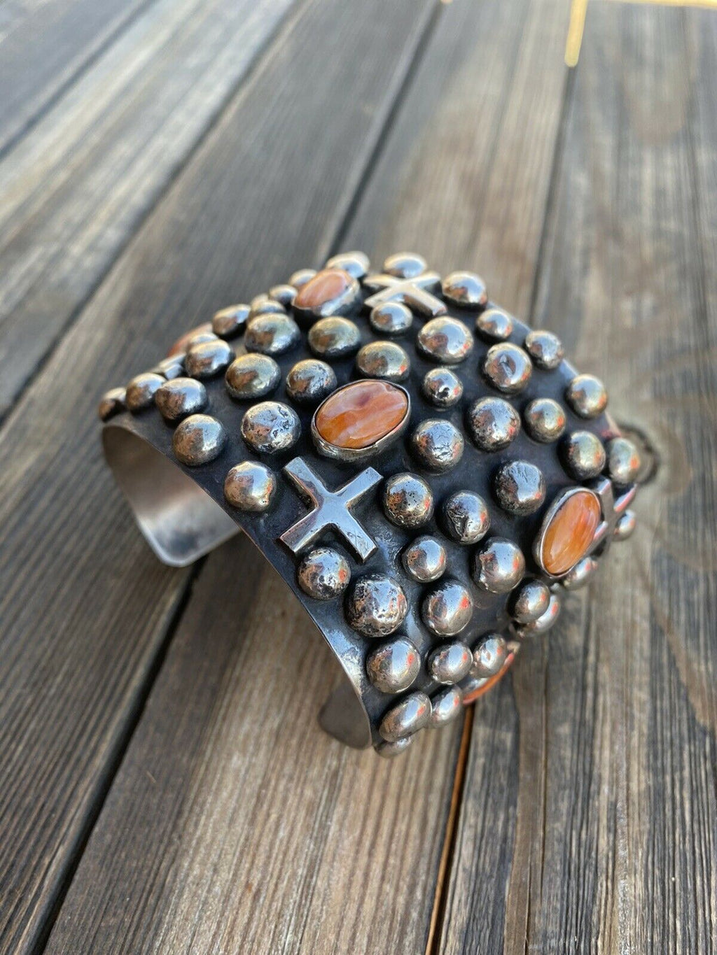 Handcrafted Sterling Silver & Orange Spiny Cross Bracelet By Chimney Butte Signed