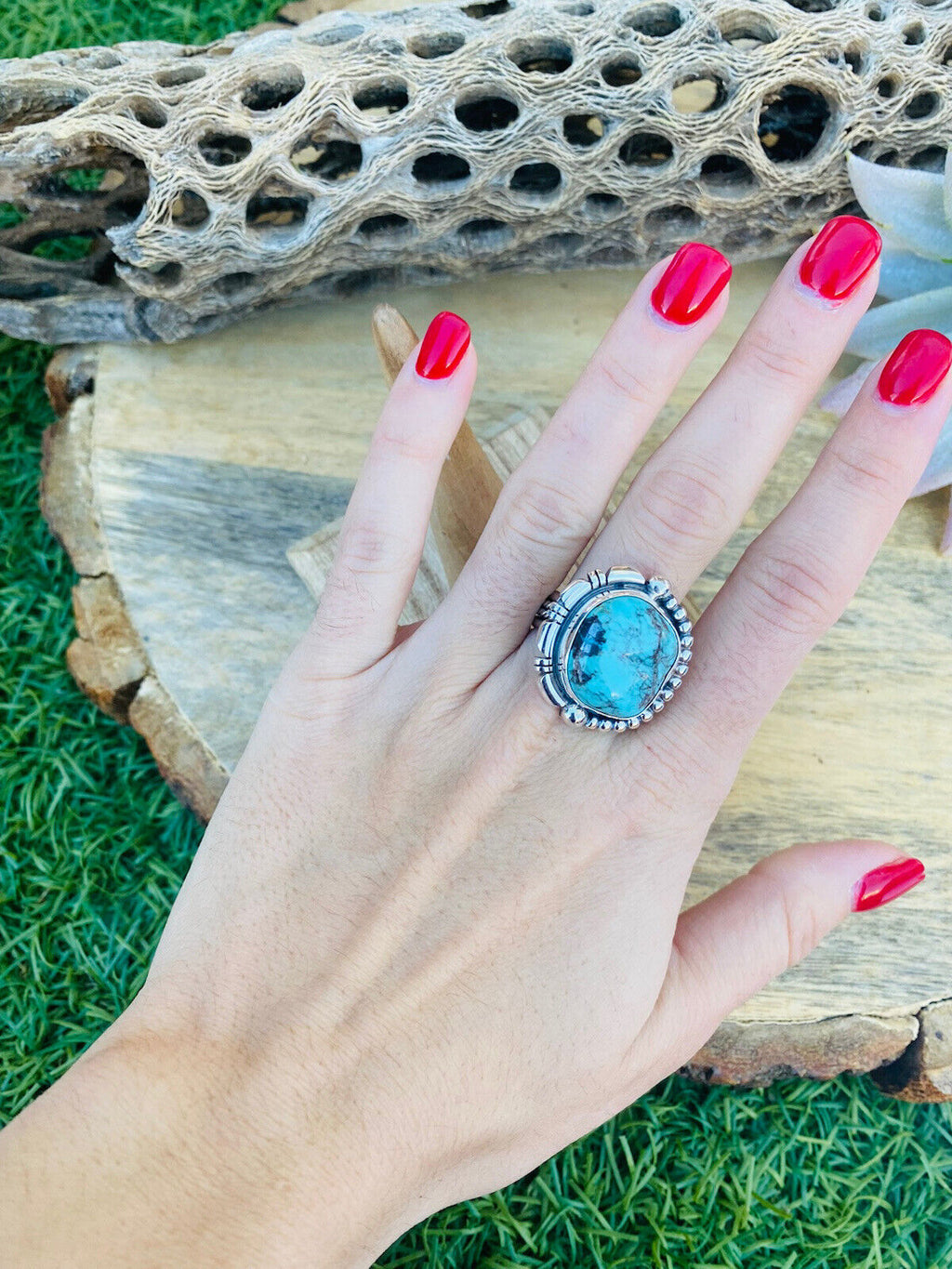 Handcrafted Royston Turquoise & Sterling Silver Ring Size 8.5
