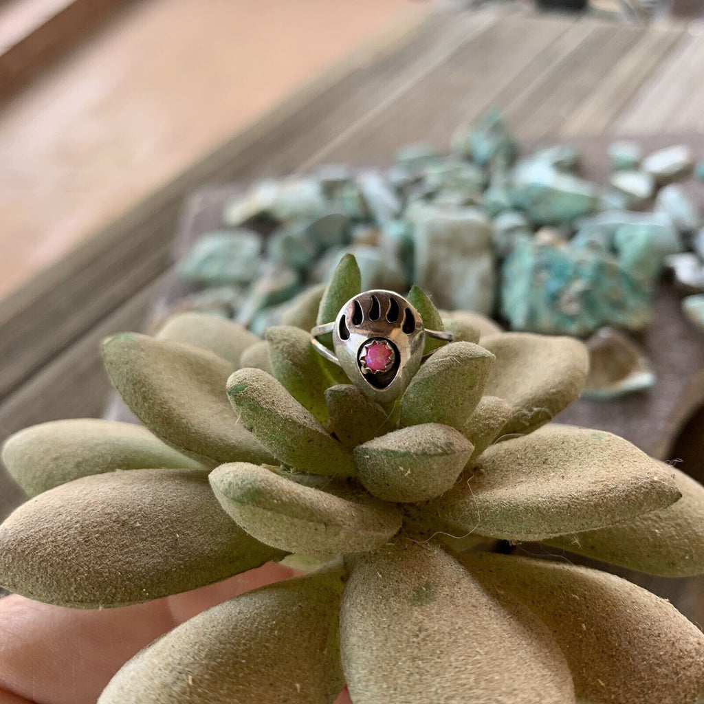 Handcrafted Sterling Silver Hot Pink Opal Bear Paw Ring