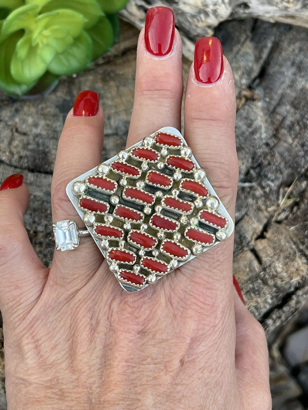 Handcrafted Sterling Silver Square Platform Red Coral Ring Sz 8