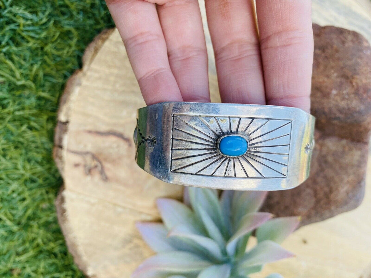 Handcrafted Vintage Turquoise & Sterling Silver Cuff Bracelet Signed