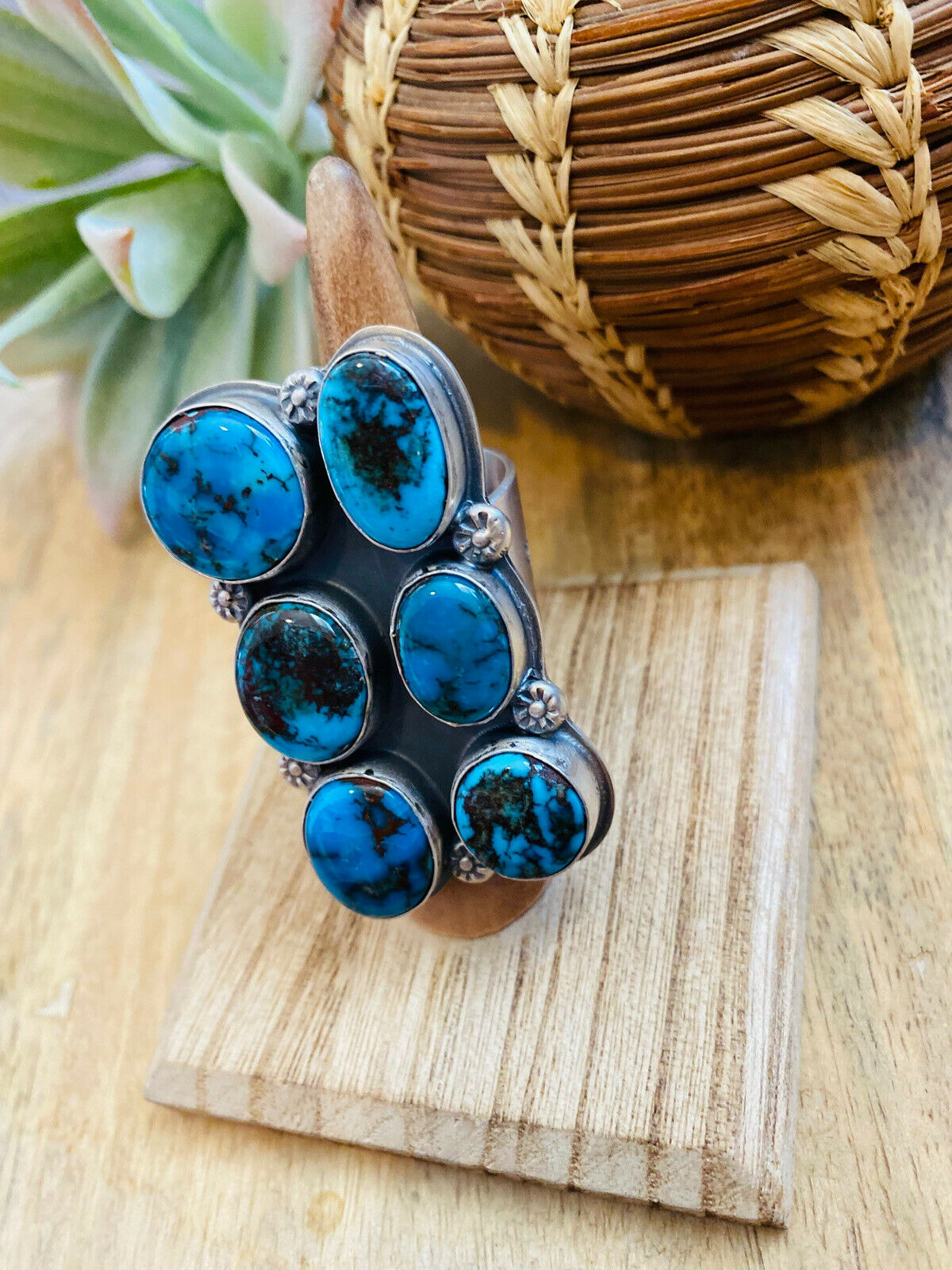 Handcrafted Kingman Turquoise & Sterling Silver Adjustable Ring Signed