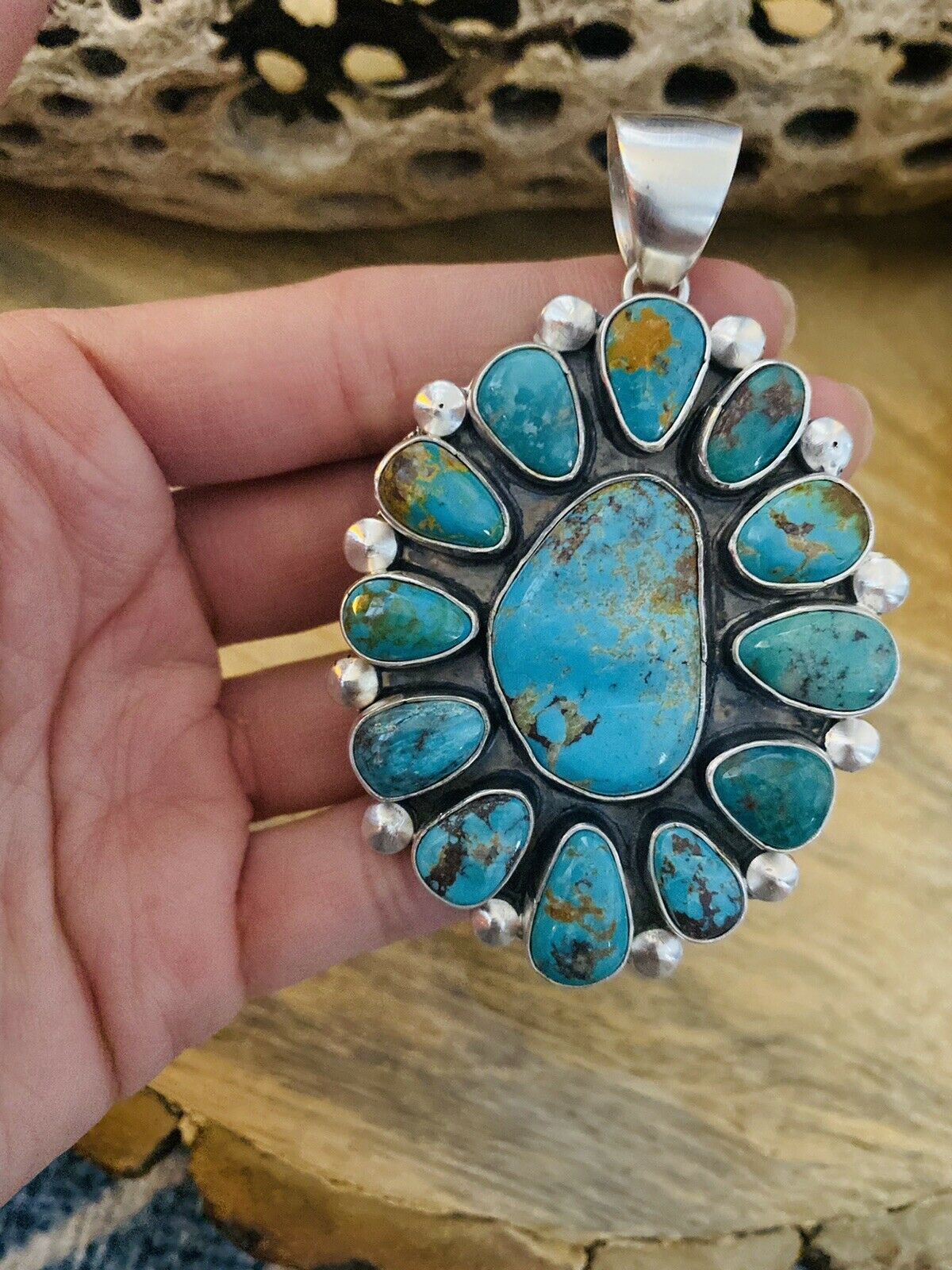 Handcrafted Sterling Silver & Multi Turquoise Cluster Pendant Signed