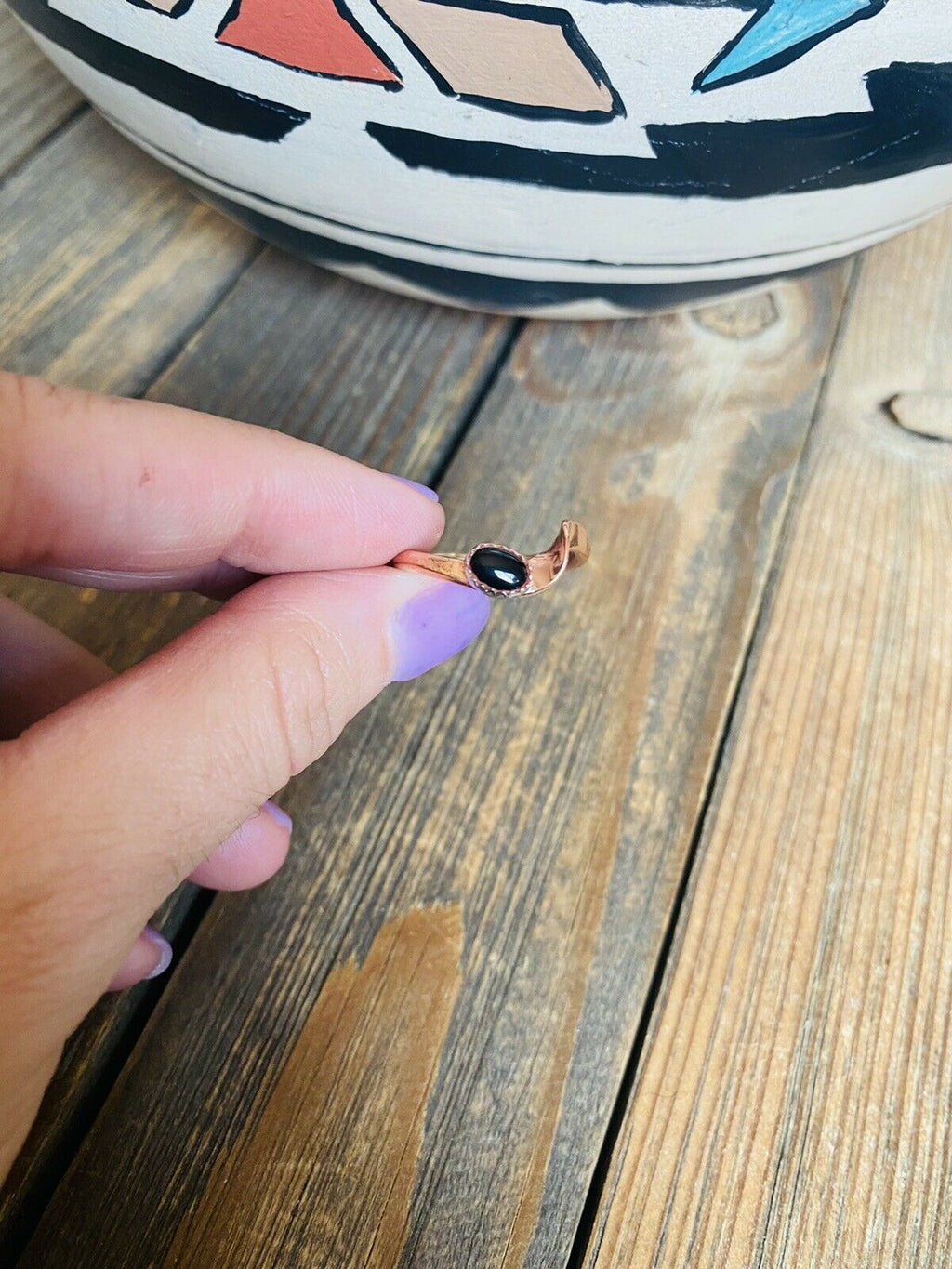 Handcrafted Copper Over Sterling Onyx Ring Size 6