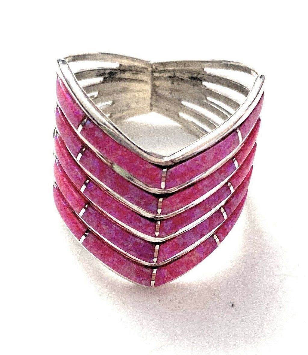 Handcrafted Sterling Silver & Pink Opal Inlay 5 Row Stacker Ring