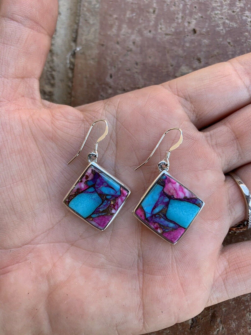 Handcrafted Pink Dream Mohave & Sterling Square Delight Dangle Earrings