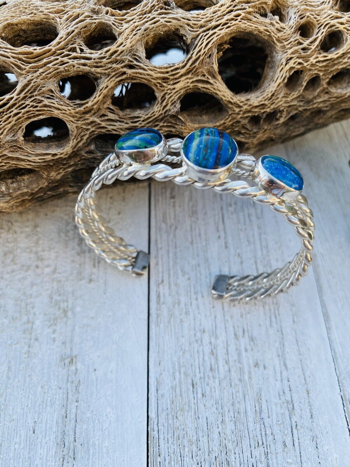 Unique Handcrafted Sterling Silver & Rainbow 3 stone Cuff Bracelet