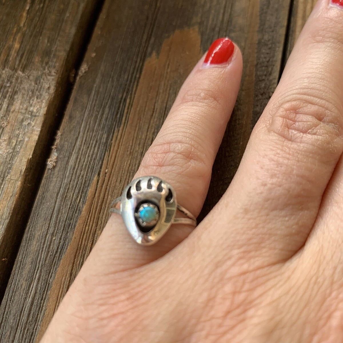 Handcrafted Sterling Silver & Green Opal Bear Paw Ring