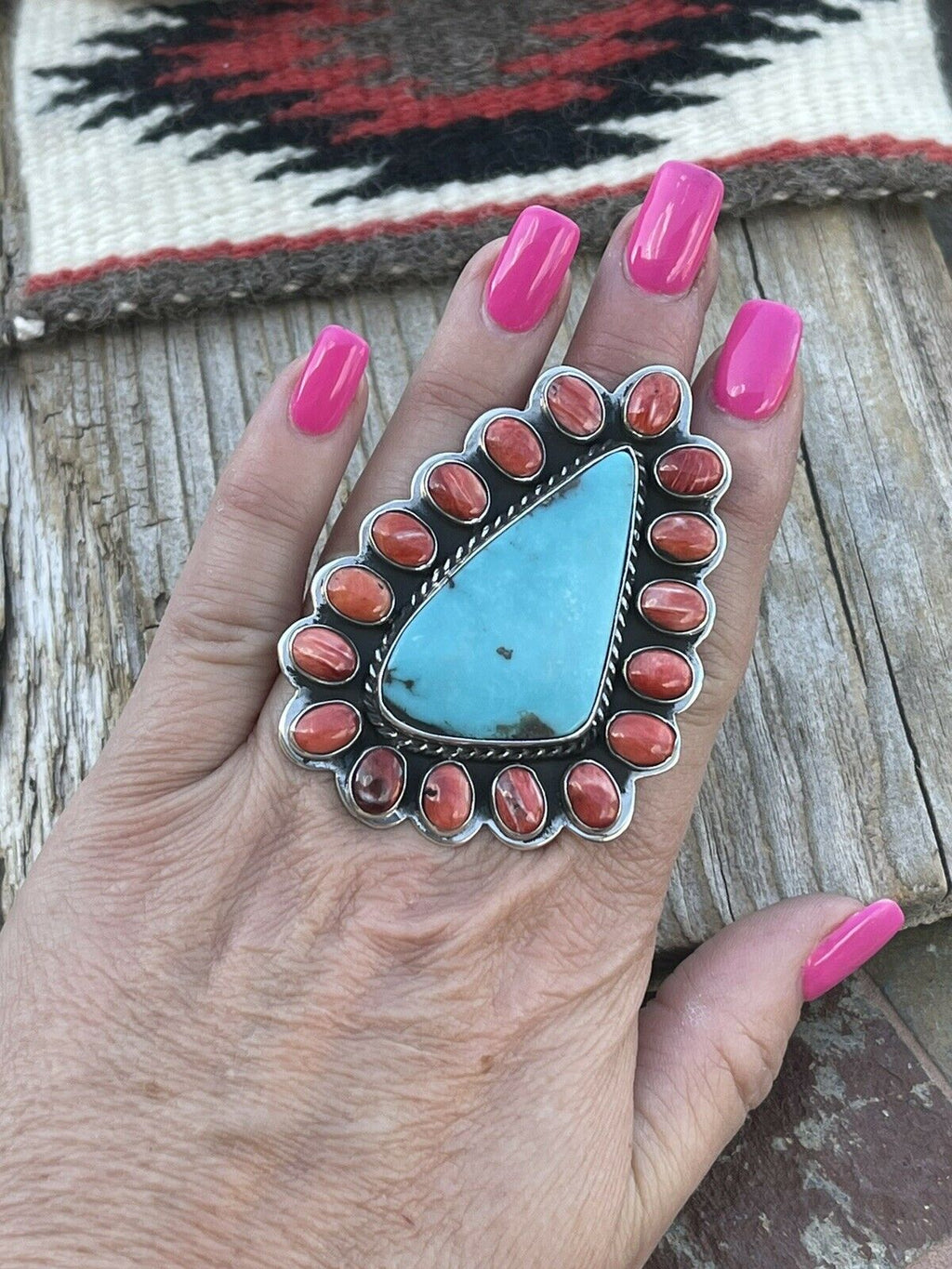 Handcrafted Cluster Fox Turquoise Spiny Sterling Silver Ring Sz Is Adjustable