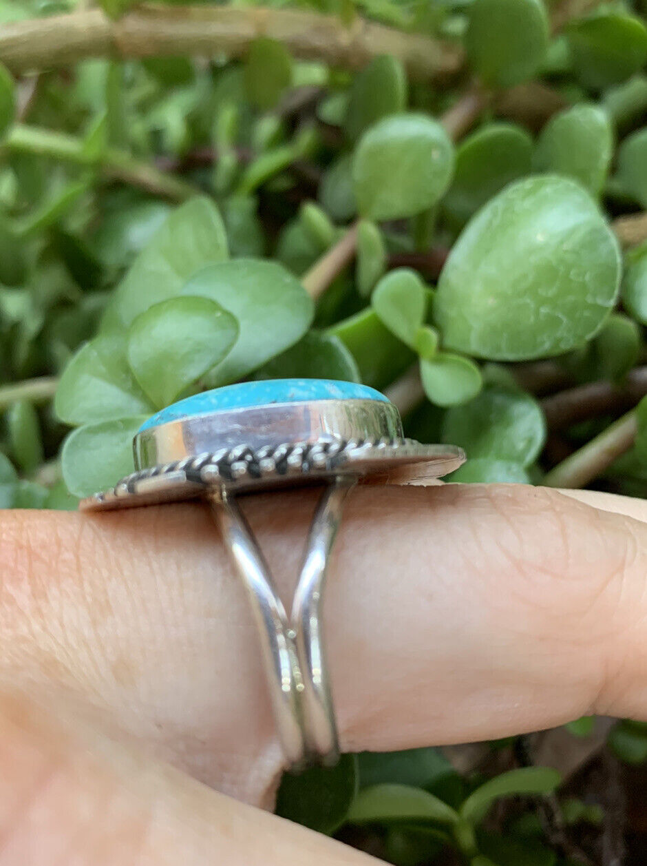 Handcrafted Kingman Turquoise Stamped Sterling Silver  Signed Statement Ring