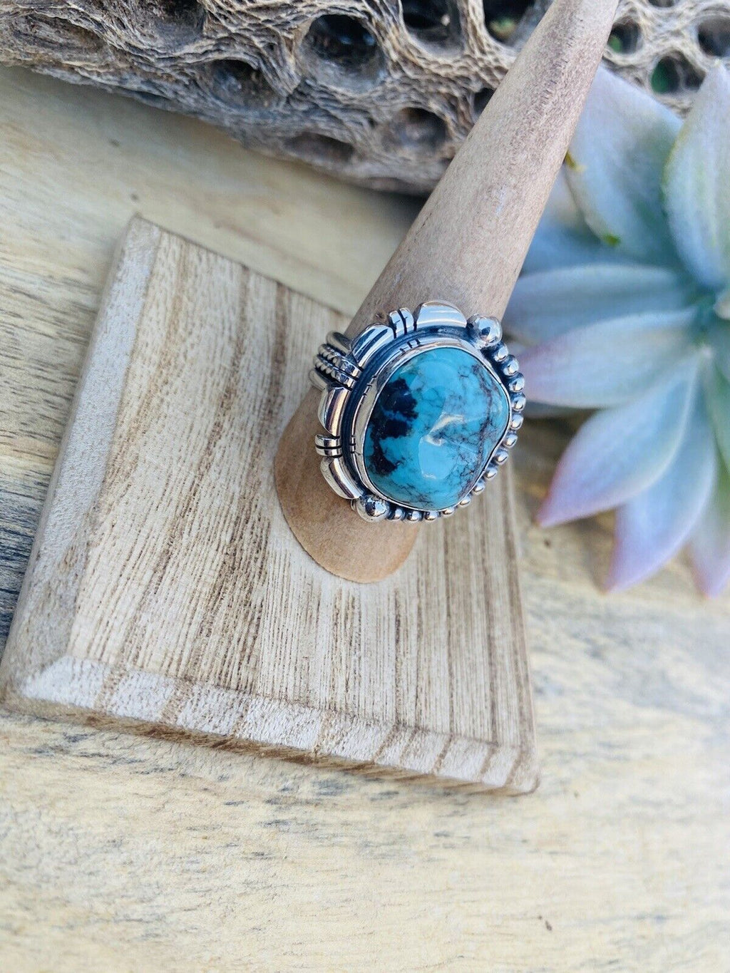 Handcrafted Royston Turquoise & Sterling Silver Ring Size 8.5