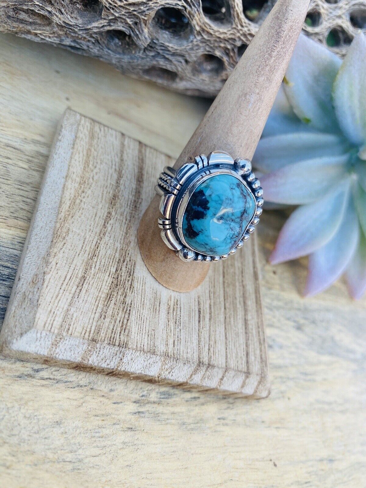 Handcrafted Royston Turquoise & Sterling Silver Ring Size 8.5