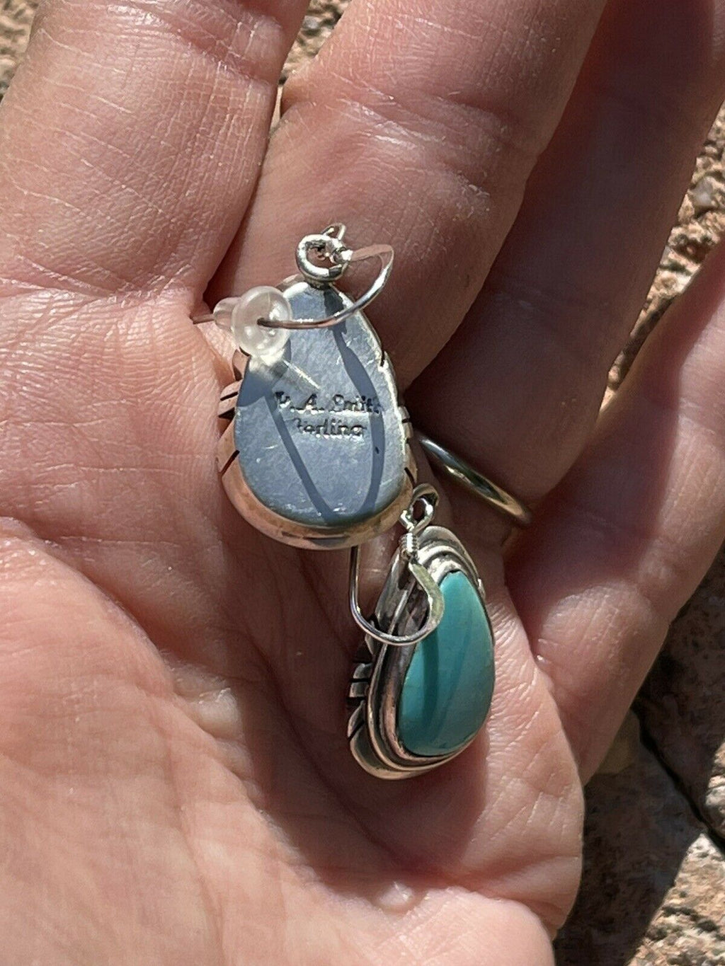 Handcrafted Sterling & Turquoise Teardrop Dangle Post Earrings Signed P. A Smith