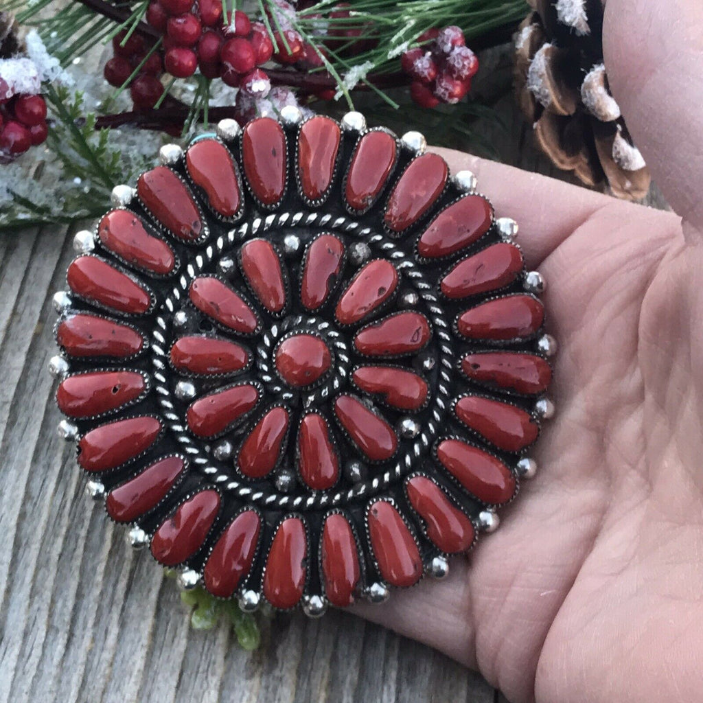Handcrafted Jumbo Sterling Silver  Natural Red Coral Cluster Pendant/pin Signed