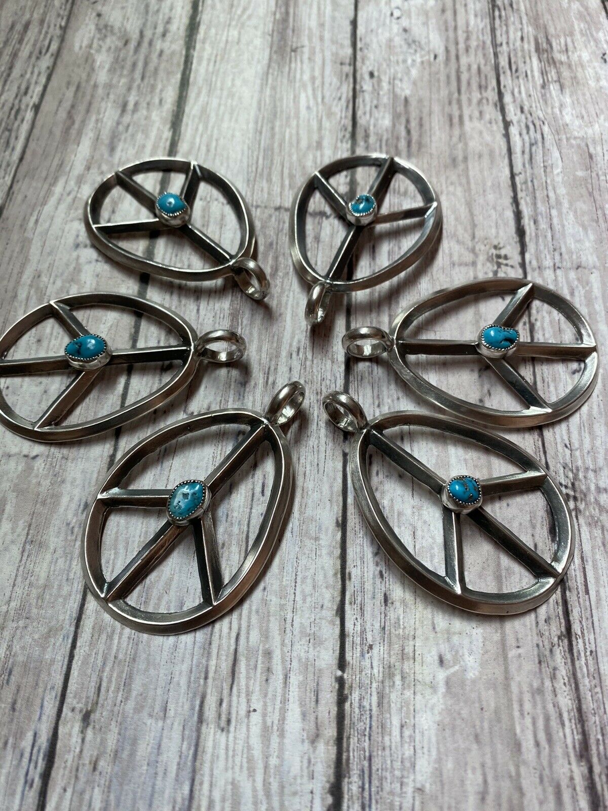 Handcrafted Sterling Silver & Kingman Turquoise Peace Sign Pendant Signed
