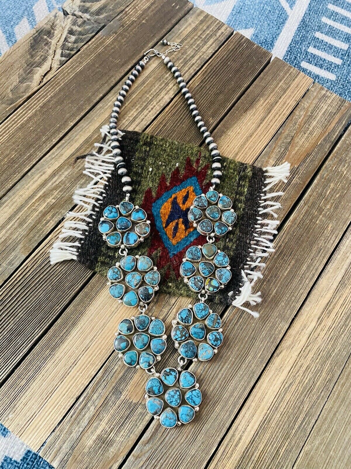Handcrafted Natural Kingman & Sterling Silver Cluster Necklace