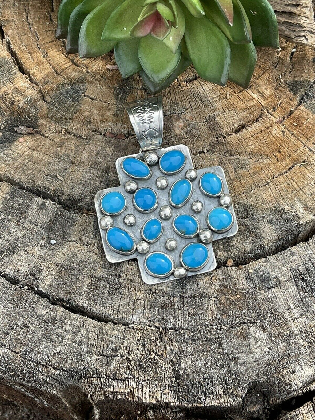 Handcrafted Mountain Blue Turquoise & Sterling Silver Southwest Cross Pendant Signed