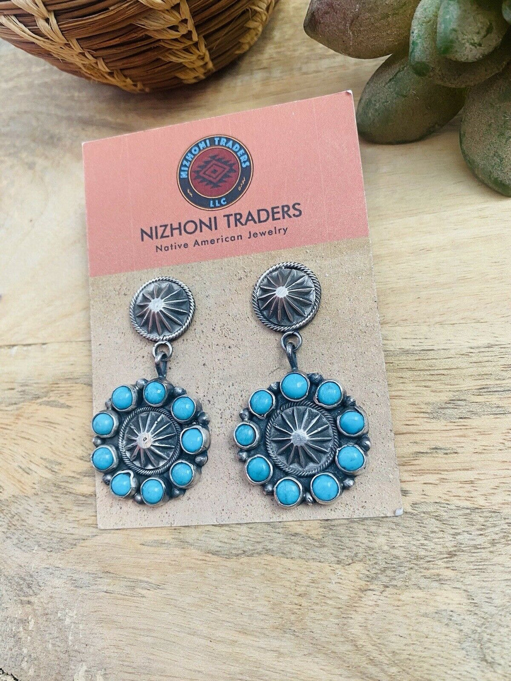 Handcrafted Turquoise & Sterling Silver Concho Dangle Earrings Signed