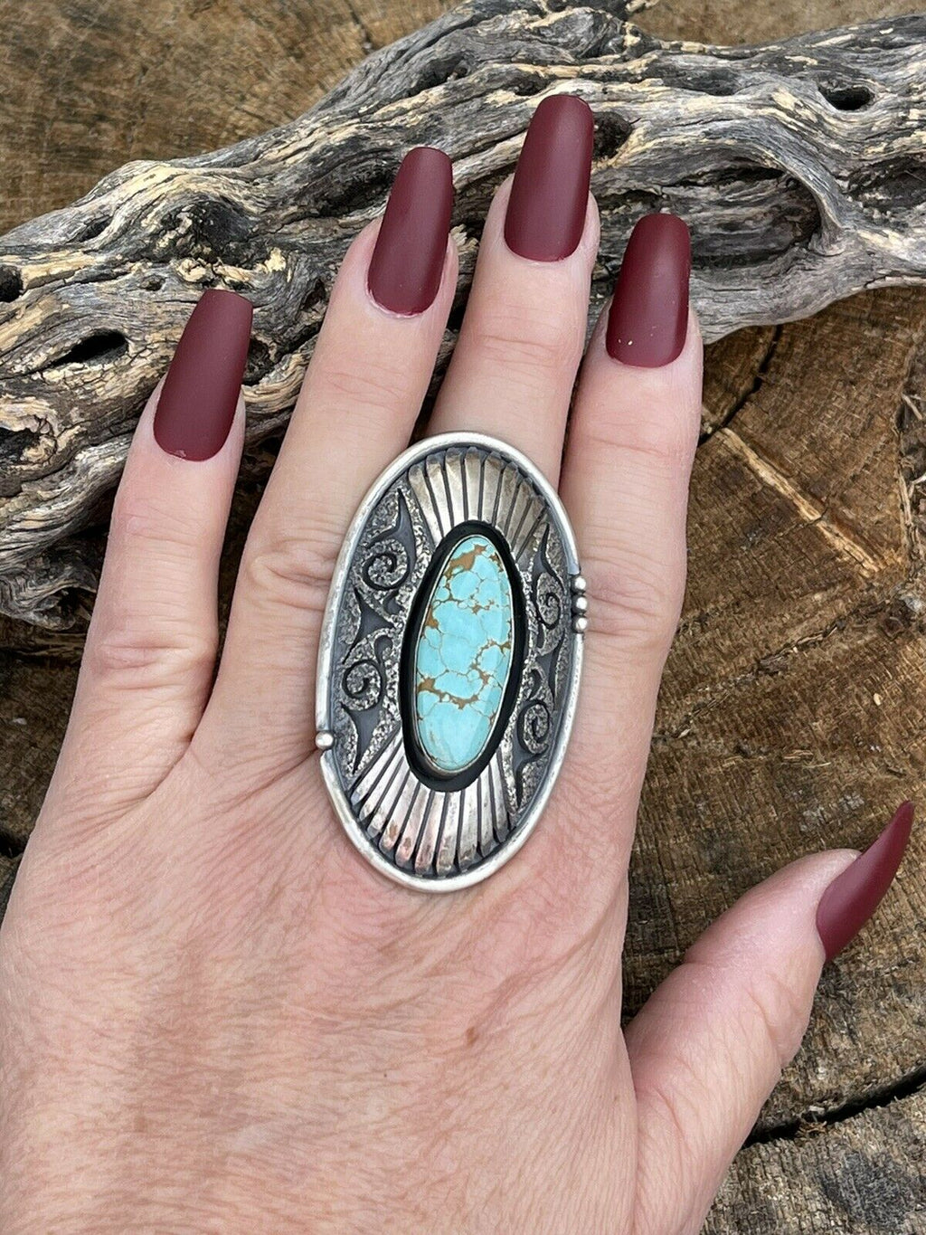 Handcrafted Number 8 Turquoise & Sterling Silver Statement Ring Size 8.5 Signed