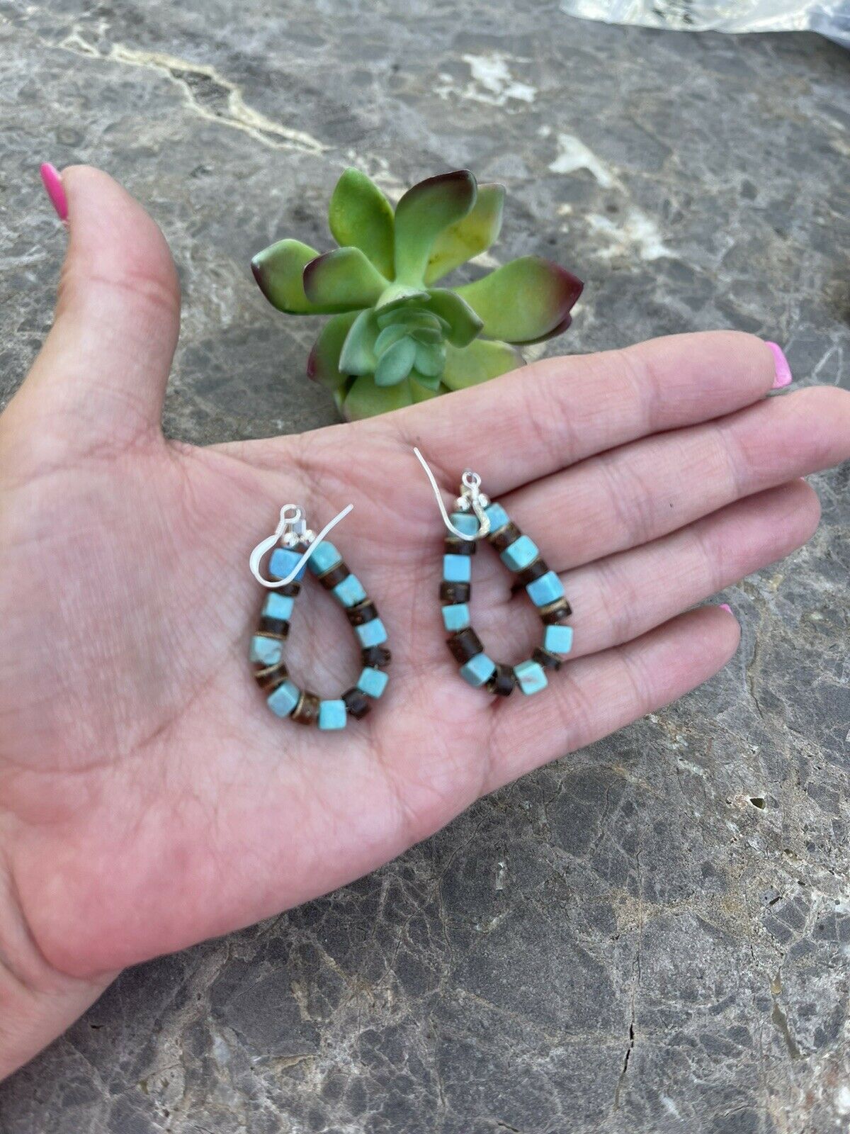 Handcrafted Turquoise & Jasper Sterling Silver Beaded Dangle Hoop Earrings