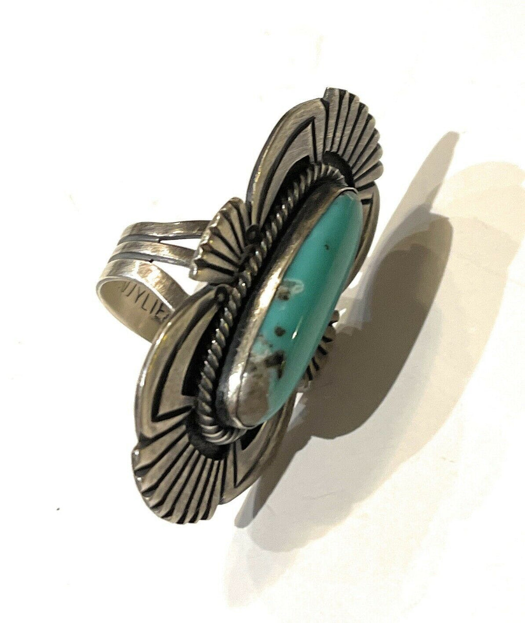 Handcrafted Turquoise & Sterling Silver Handcrafted Deco Ring Size 7.5
