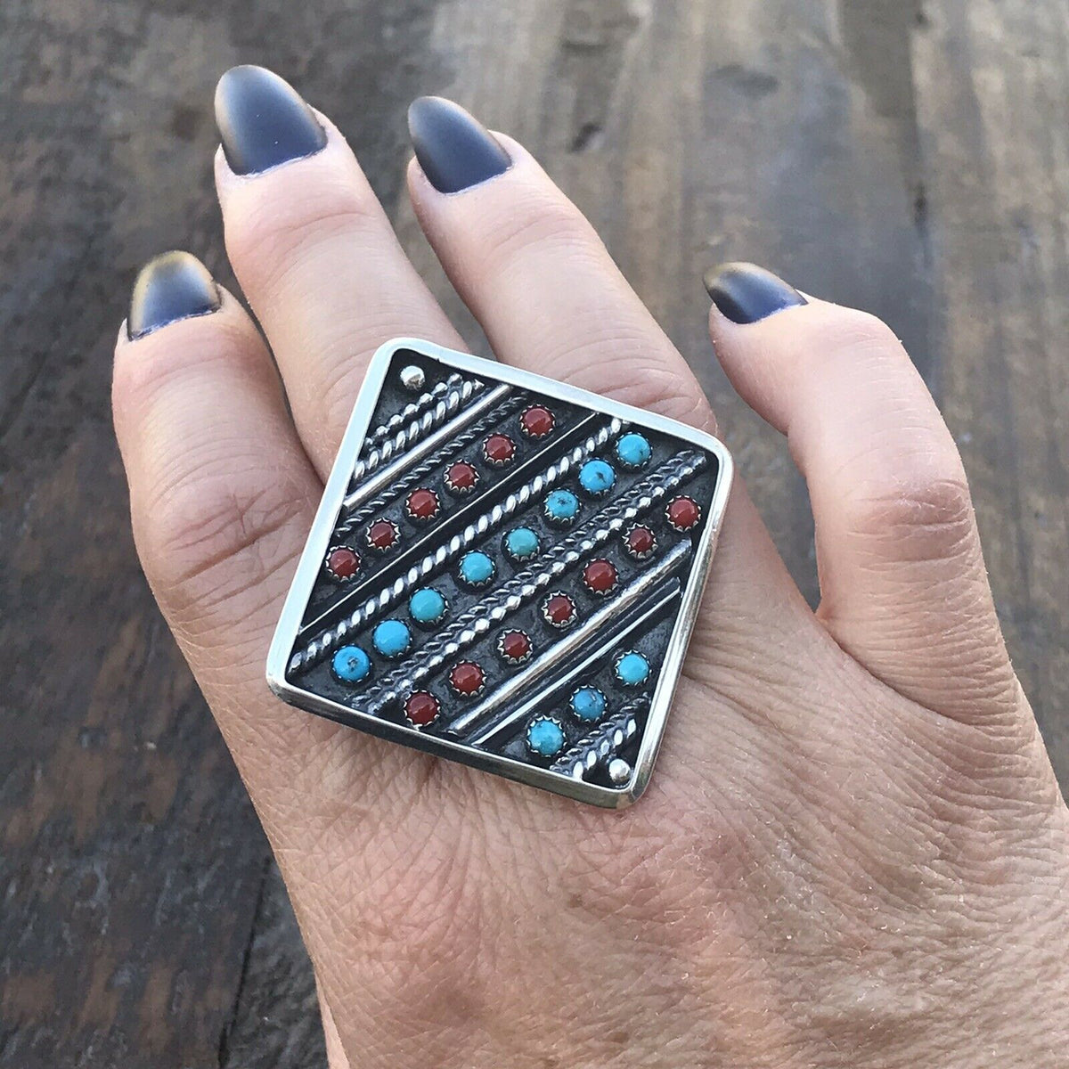 Handcrafted Multi Stone &  Sterling Silver Statement Ring Size 8