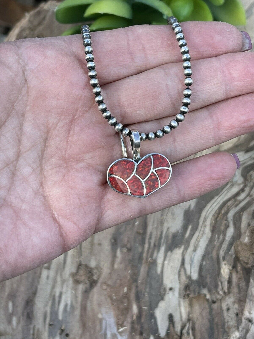 Handcrafted Iridescent Red Opal & Sterling Silver Heart Pendant