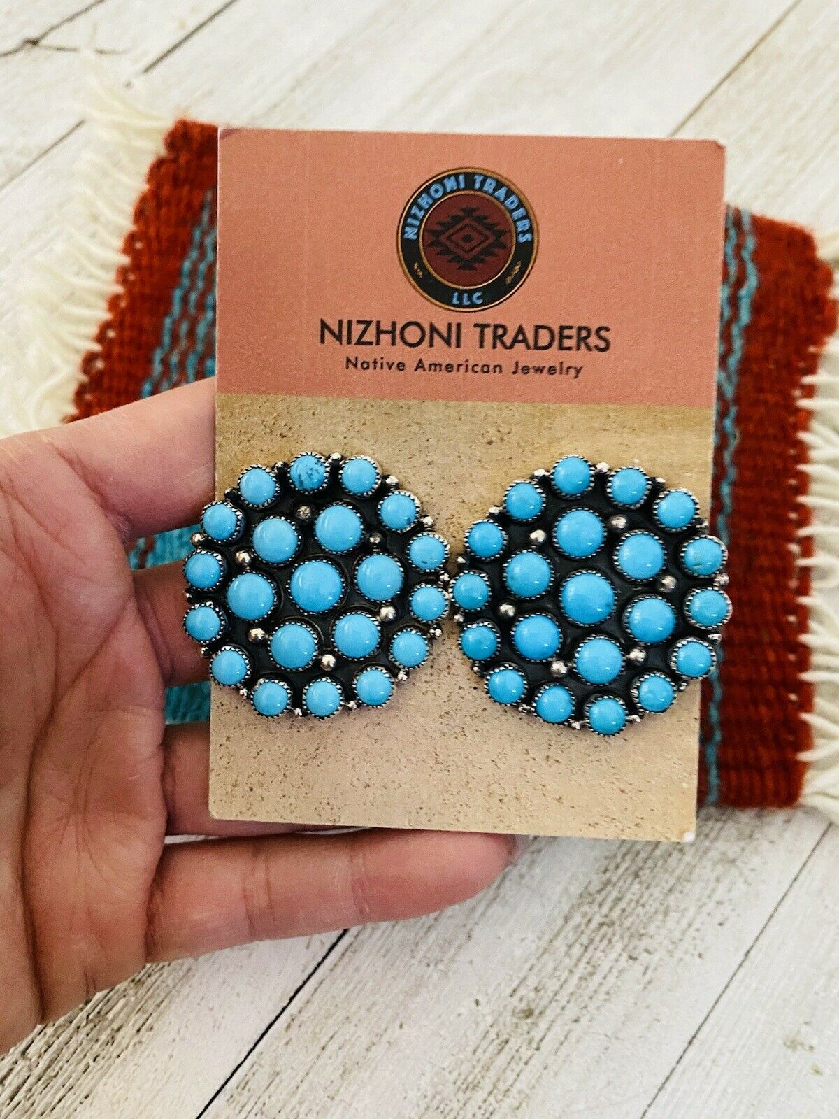 Handcrafted Sleeping Beauty Turquoise & Sterling Silver Cluster Stud Earrings Signed