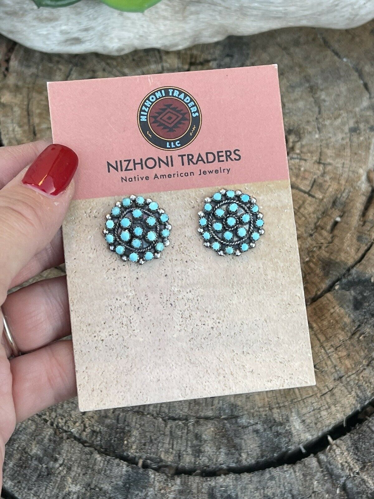 Handcrafted Sterling Silver & Turquoise Cluster Stud Earrings Signed LW