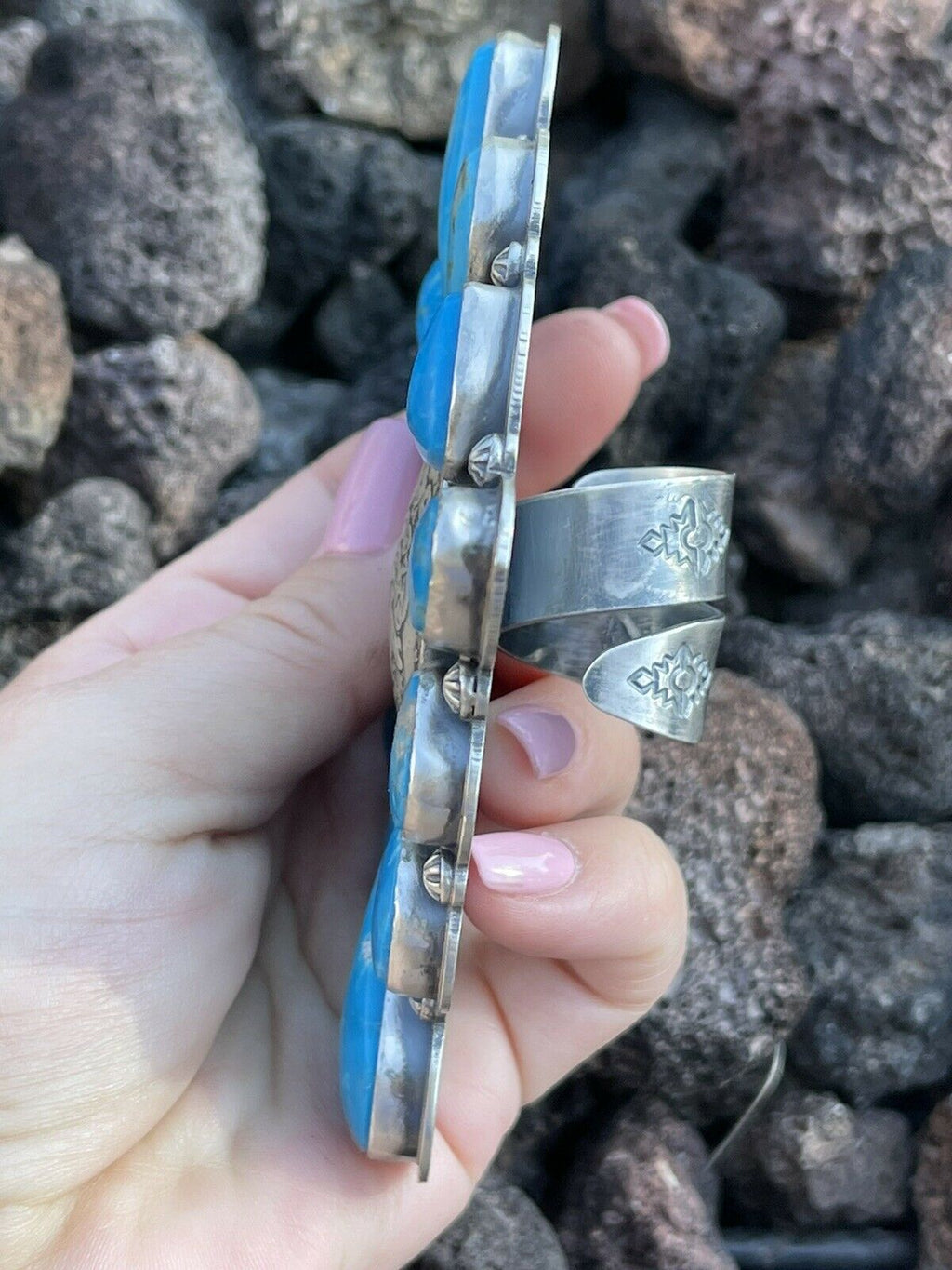 Handcrafted Sterling Silver Coin & Kingman Turquoise Adjustable Ring