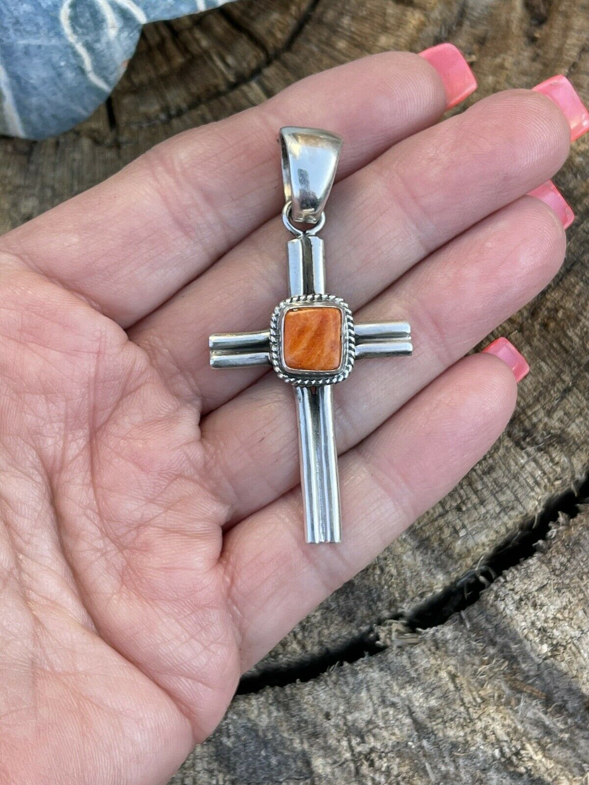 Handcrafted Sterling Silver & Orange Spiny Shell  Cross Pendant Signed