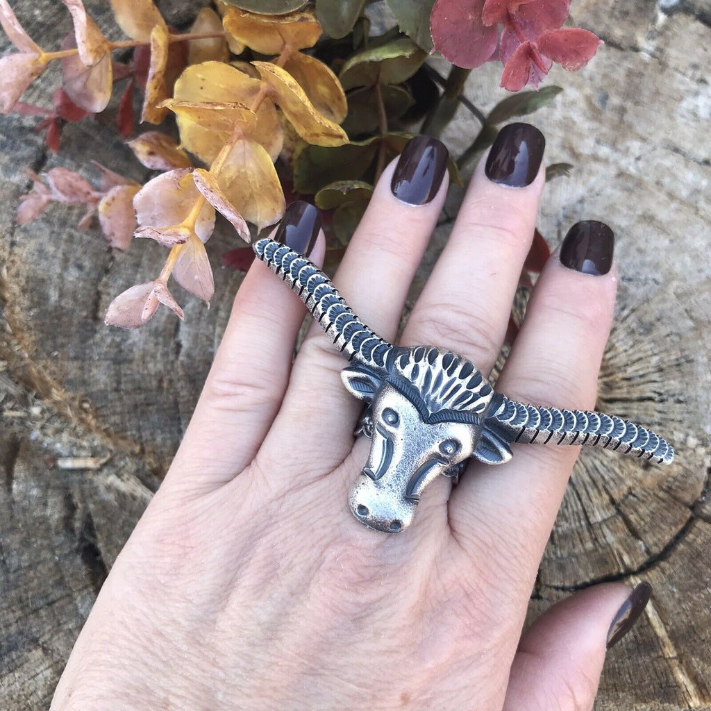 Handcrafted Sterling Silver Longhorn Cattle Steer Head Statement Ring