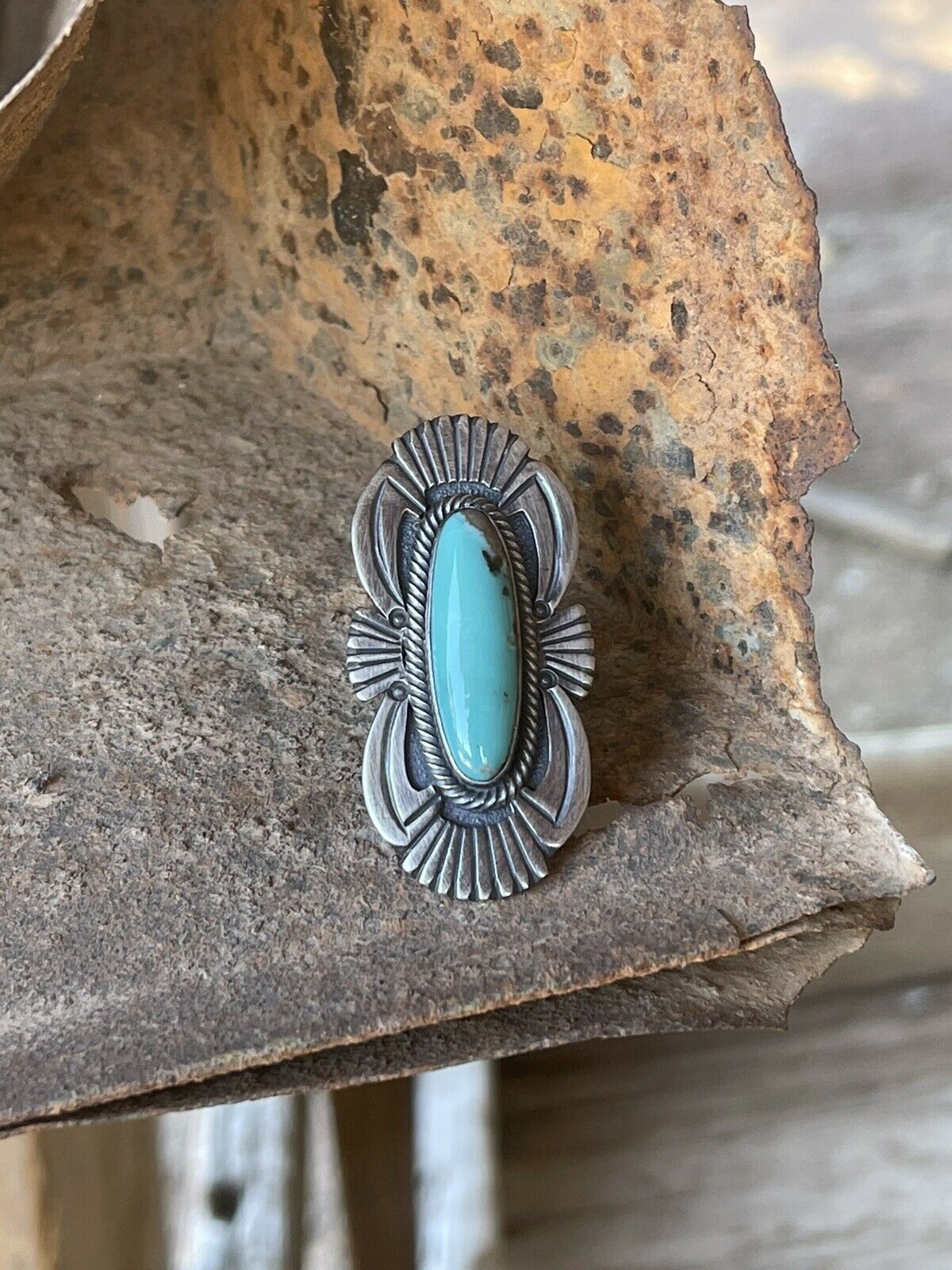 Handcrafted Turquoise & Sterling Silver Handcrafted Deco Ring Size 7.5