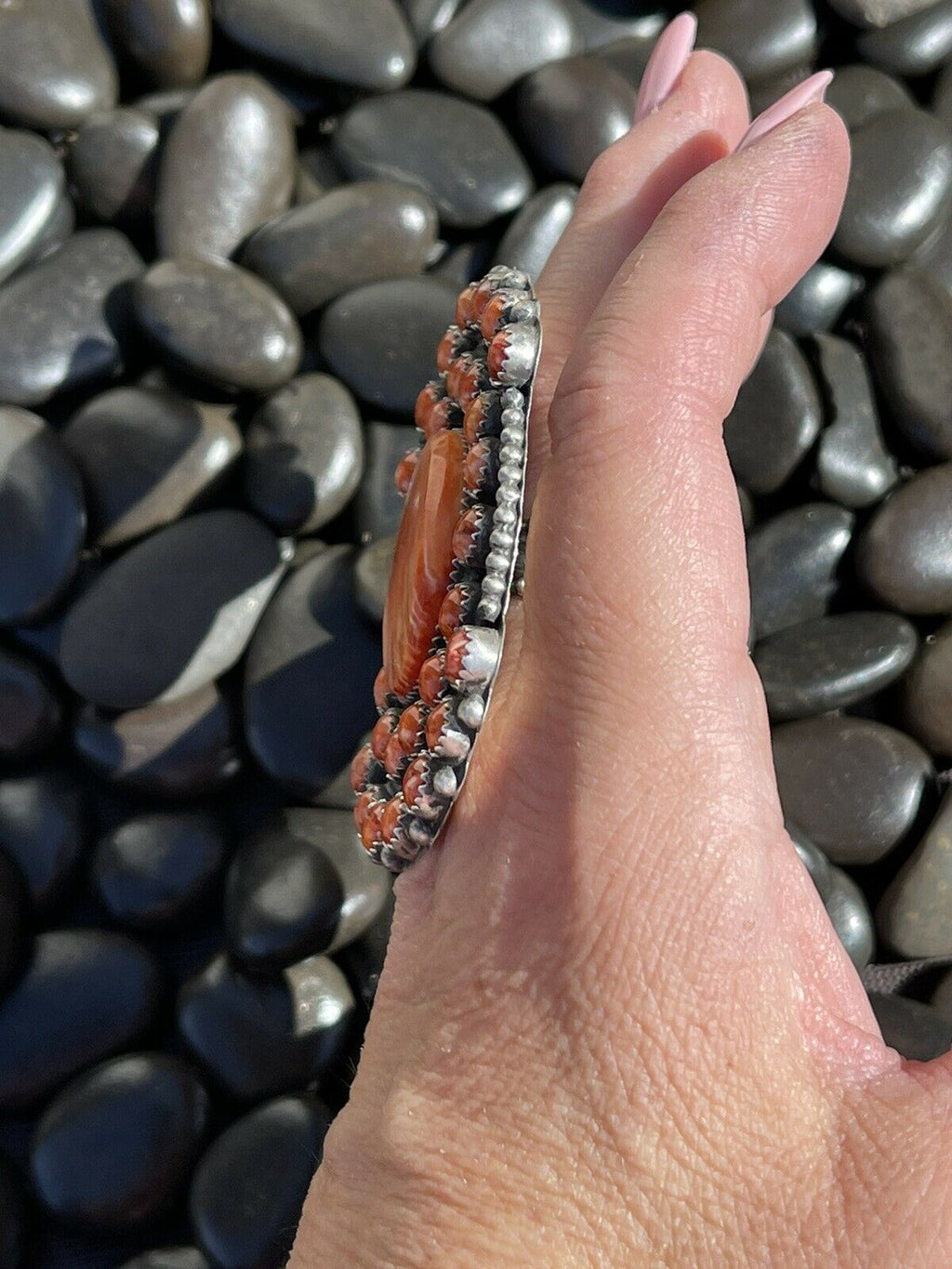 Handcrafted Sterling Silver Orange Spiny Cluster Jumbo Ring Sz 7.5