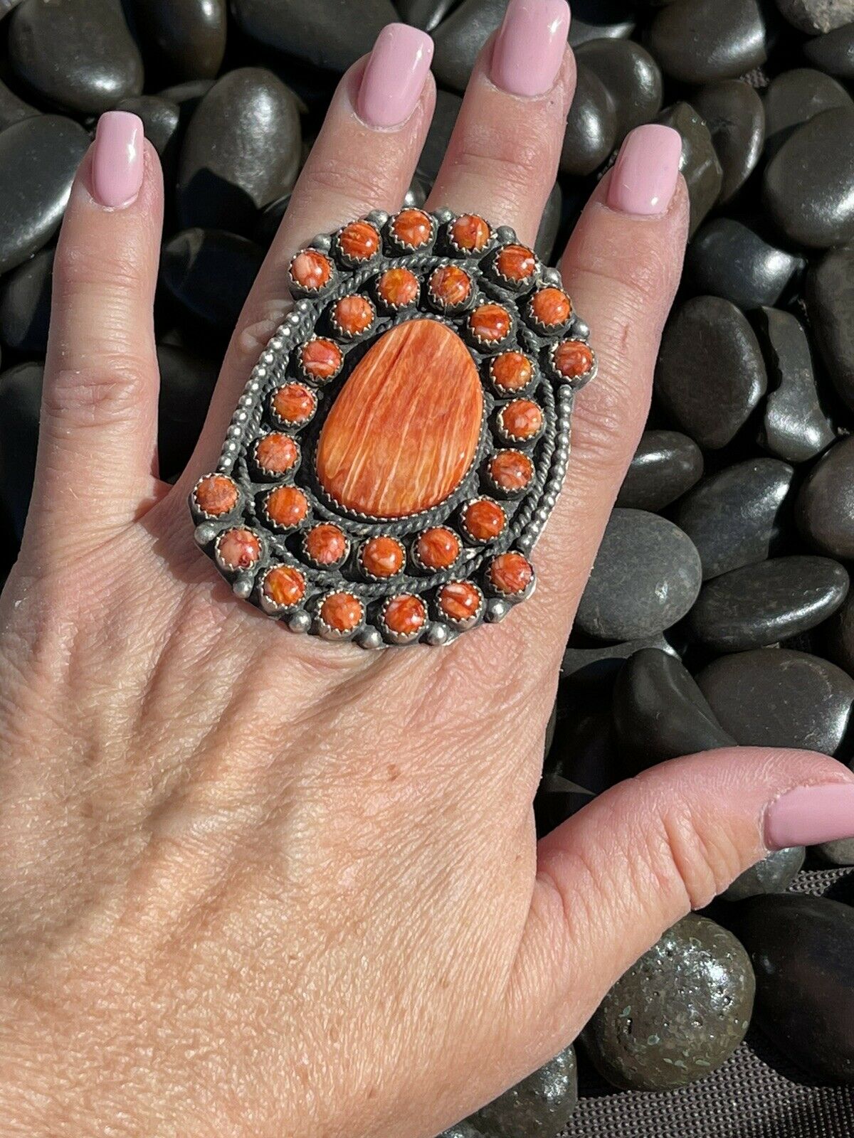 Handcrafted Sterling Silver Orange Spiny Cluster Jumbo Ring Sz 7.5