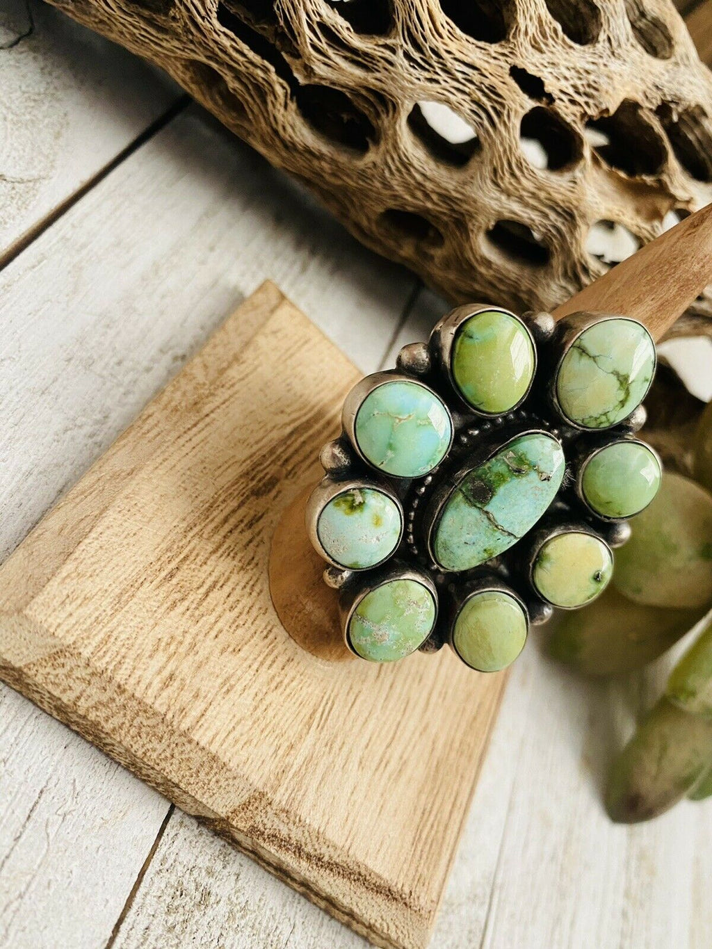 Handcrafted Sonoran Gold Turquoise & Sterling Silver Cluster Ring Size 7 Signed