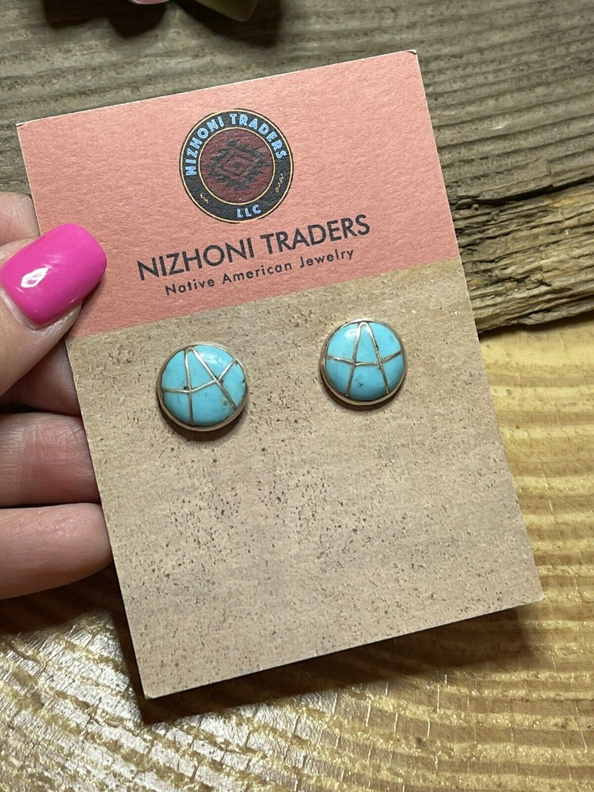 Handcrafted Sterling Silver & Turquoise Inlay Circle Post Earrings Signed K