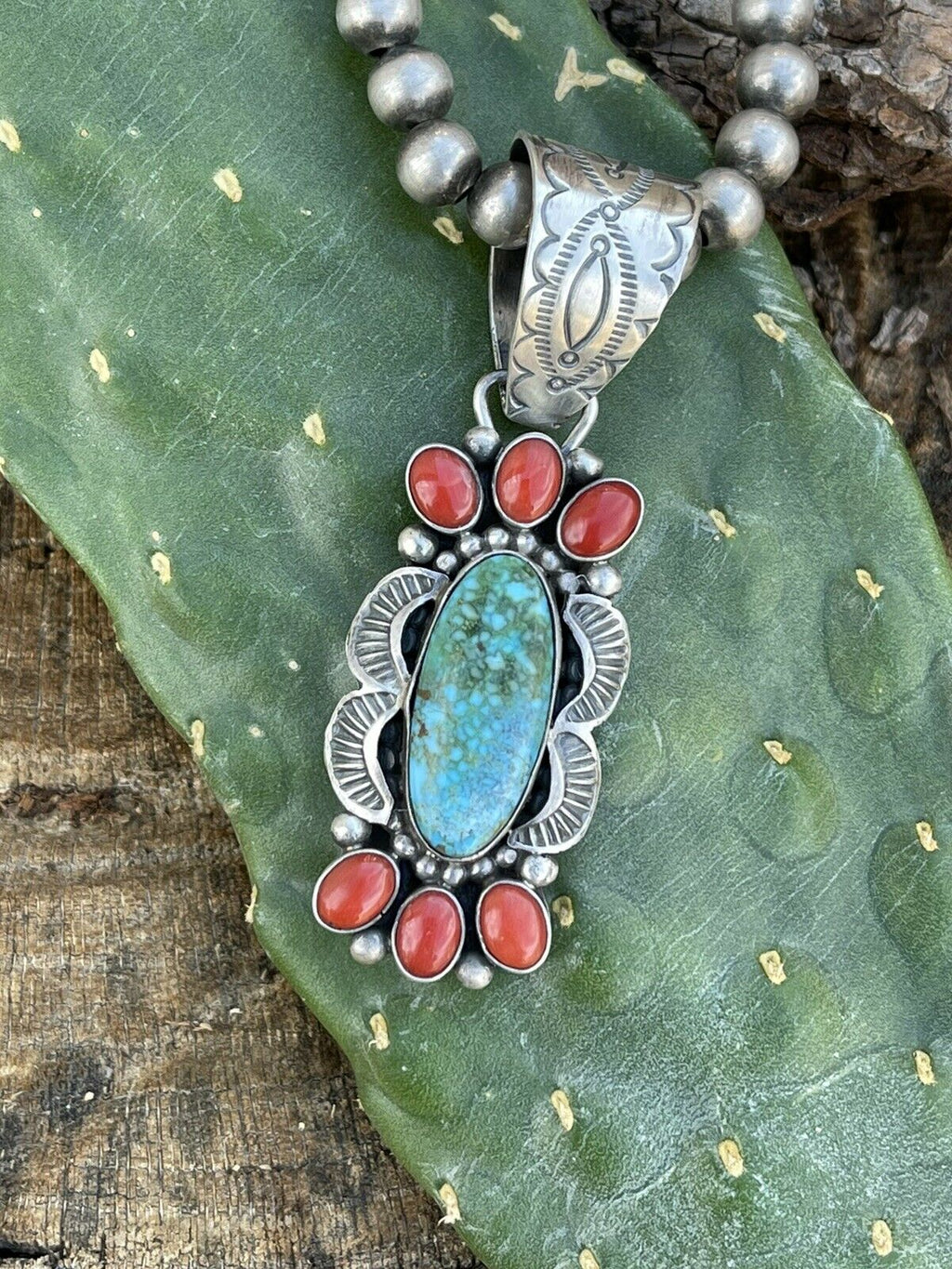 Handcrafted Sterling Kingman Web Turquoise & Red Coral Pendant Taos Collection