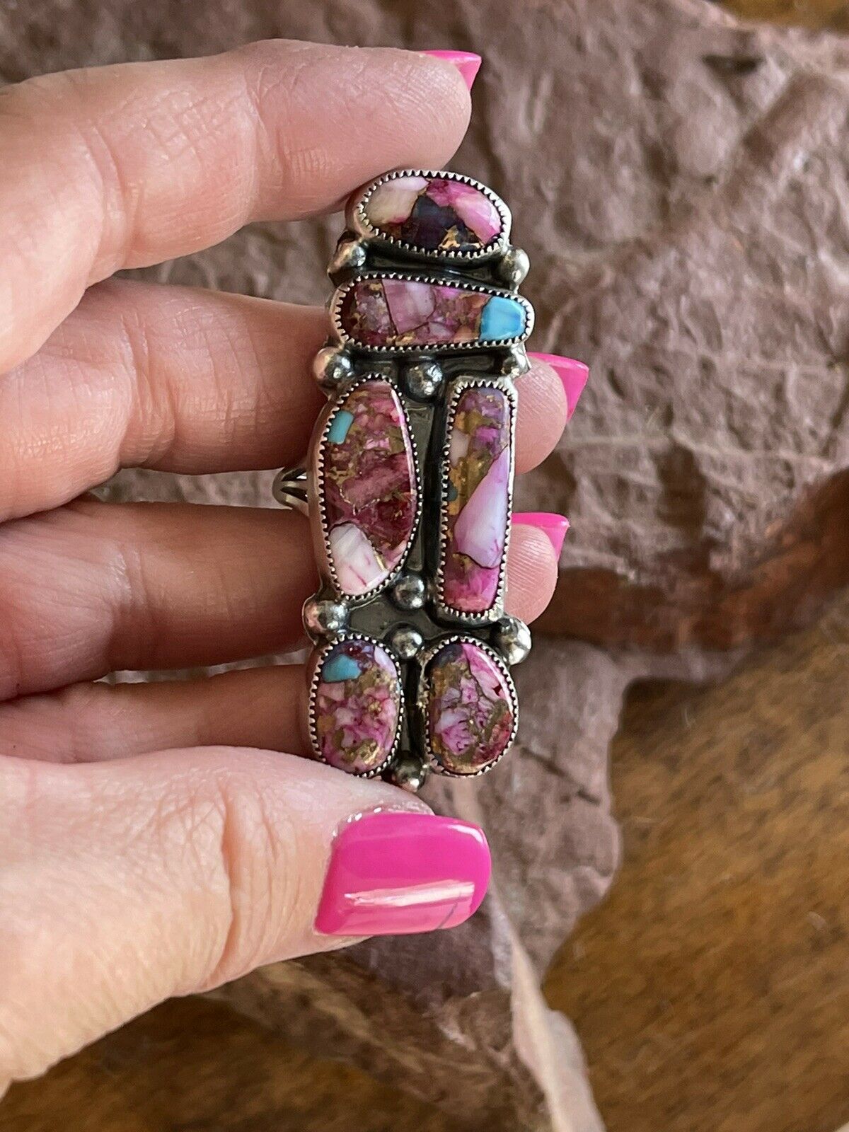 Handcrafted 6 stone Pink Dream Mojave & Sterling Silver Ring Size 8