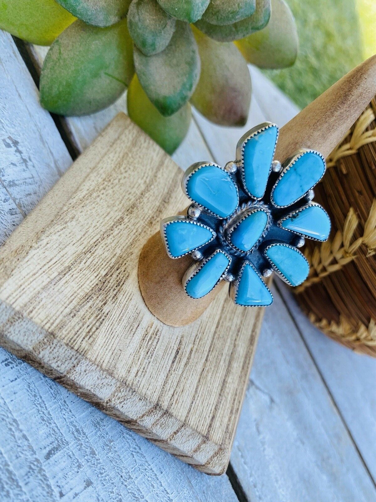 Handcrafted Turquoise & Sterling Silver Cluster Ring Size 7