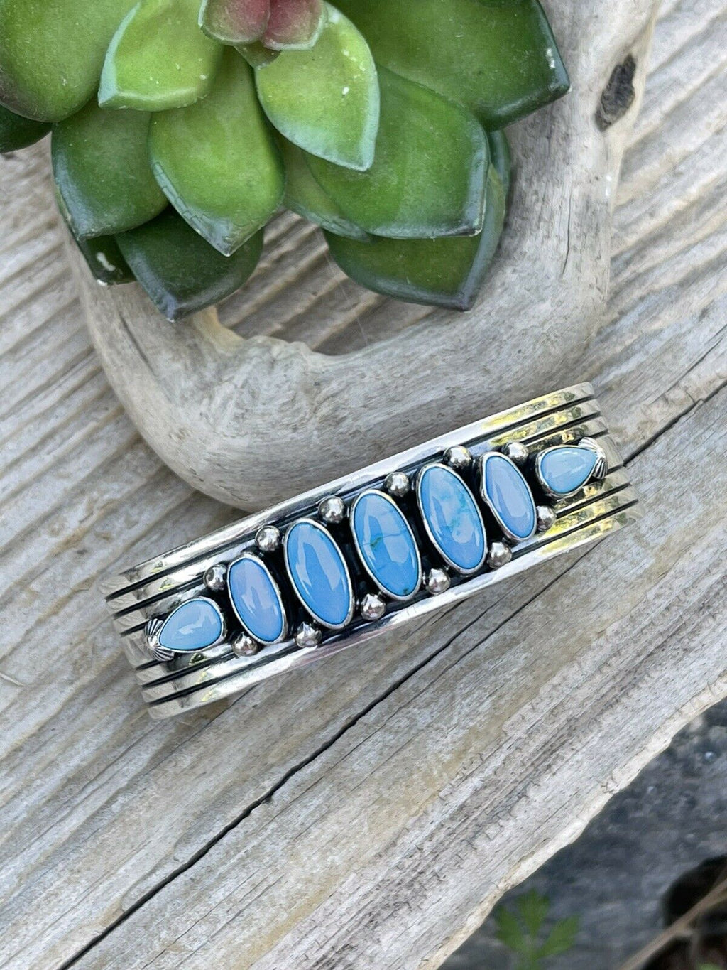 Handcrafted Sterling & Kingman Turquoise Stacker Cuff Bracelet Artist R. Bennett /
