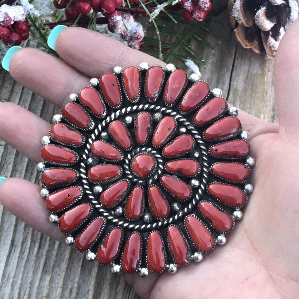 Handcrafted Jumbo Sterling Silver  Natural Red Coral Cluster Pendant/pin Signed