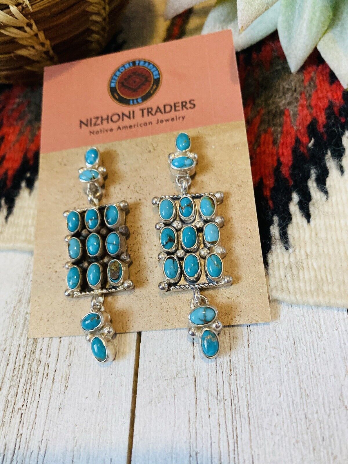 Handcrafted Turquoise & Sterling Silver Cluster Dangle Earrings Signed
