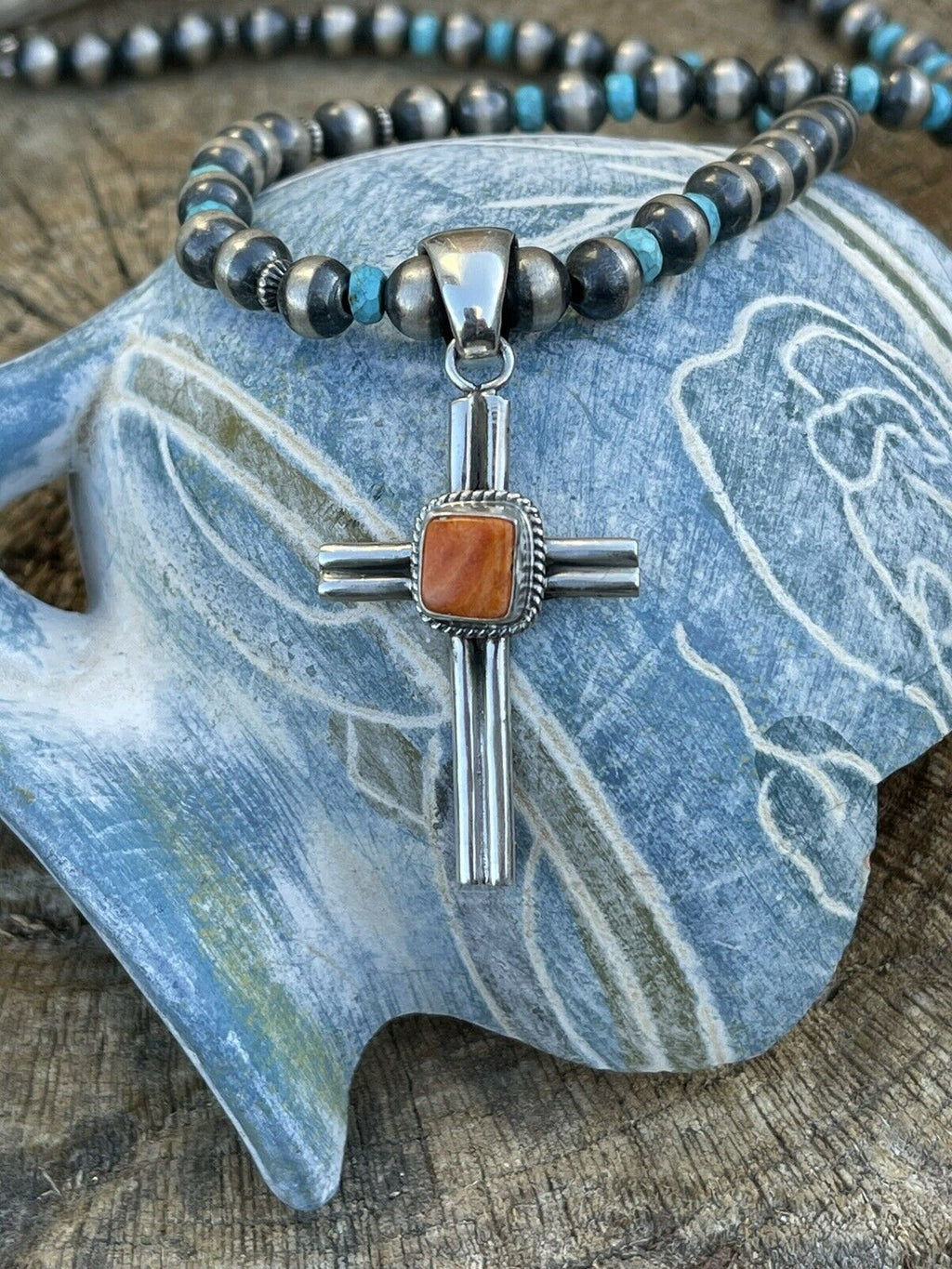 Handcrafted Sterling Silver & Orange Spiny Shell  Cross Pendant Signed