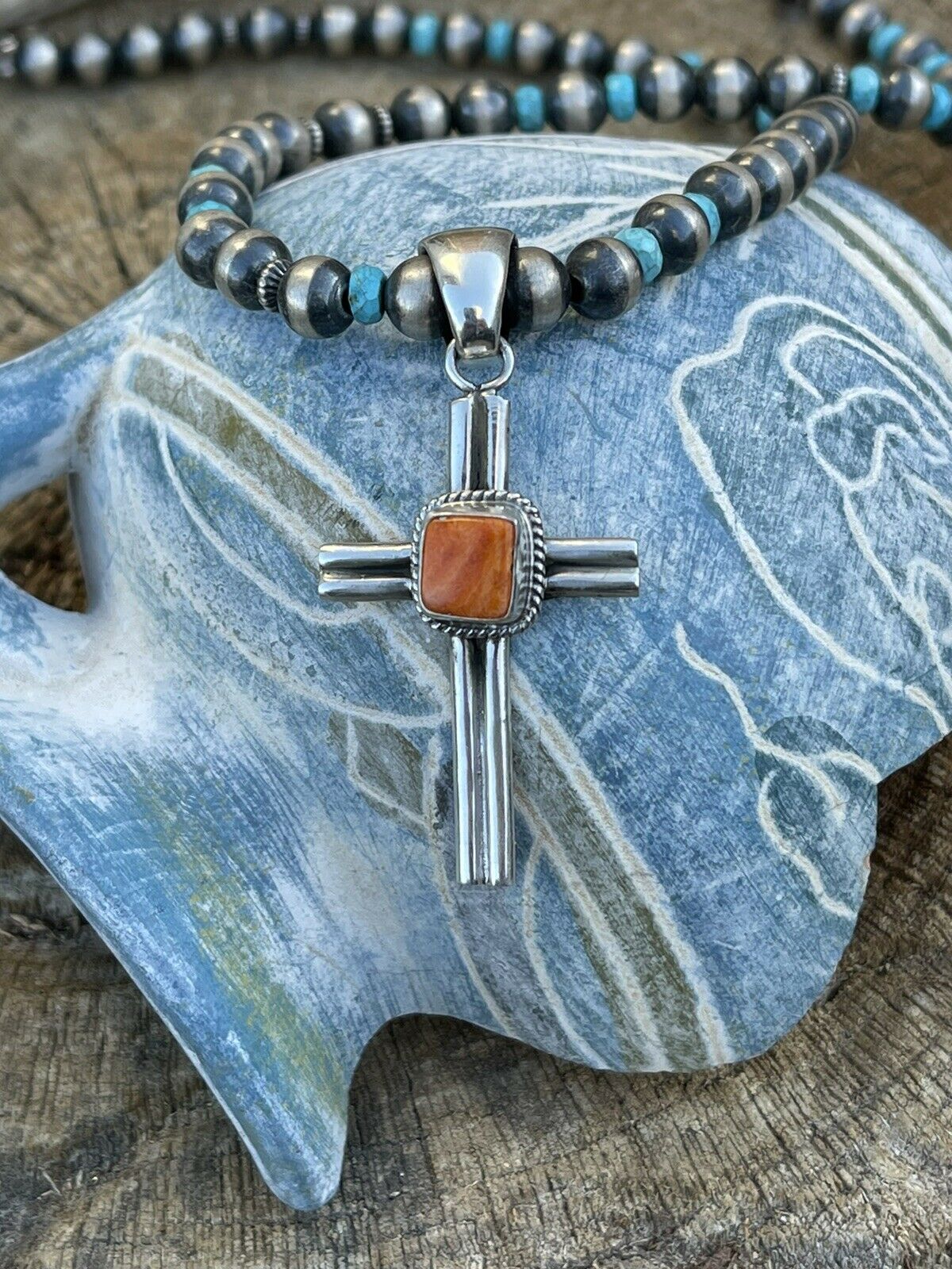 Handcrafted Sterling Silver & Orange Spiny Shell  Cross Pendant Signed