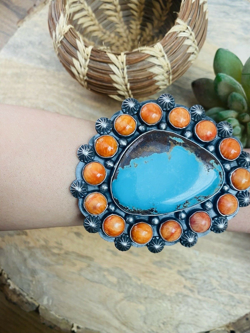 Handcrafted Orange Spiny, Turquoise & Sterling Silver Cuff Bracelet Signed /